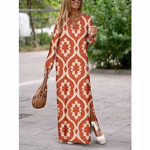 👗Women's Casual Modern Geometric Split Print Outdoor Daily Vacation V Neck Long Sleeve Dress👗